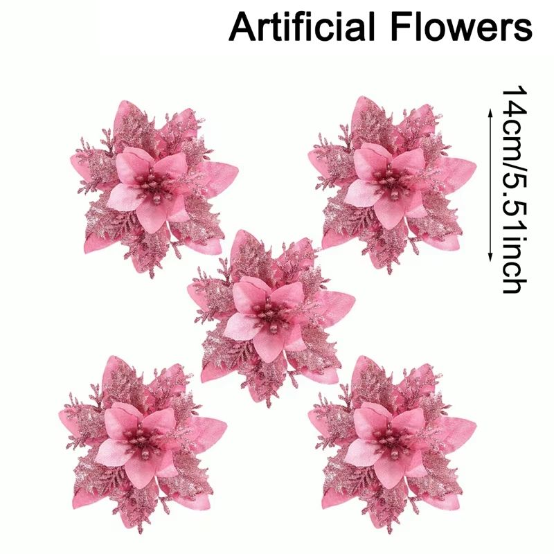Glitter Artificial Christmas Flowers Tree Ornaments For Festive Holiday Decor 7