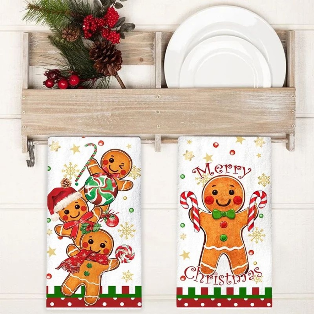 2PCS Gingerbread Christmas Kitchen Towels Set Festive Holiday Dish Cloth Decor 1
