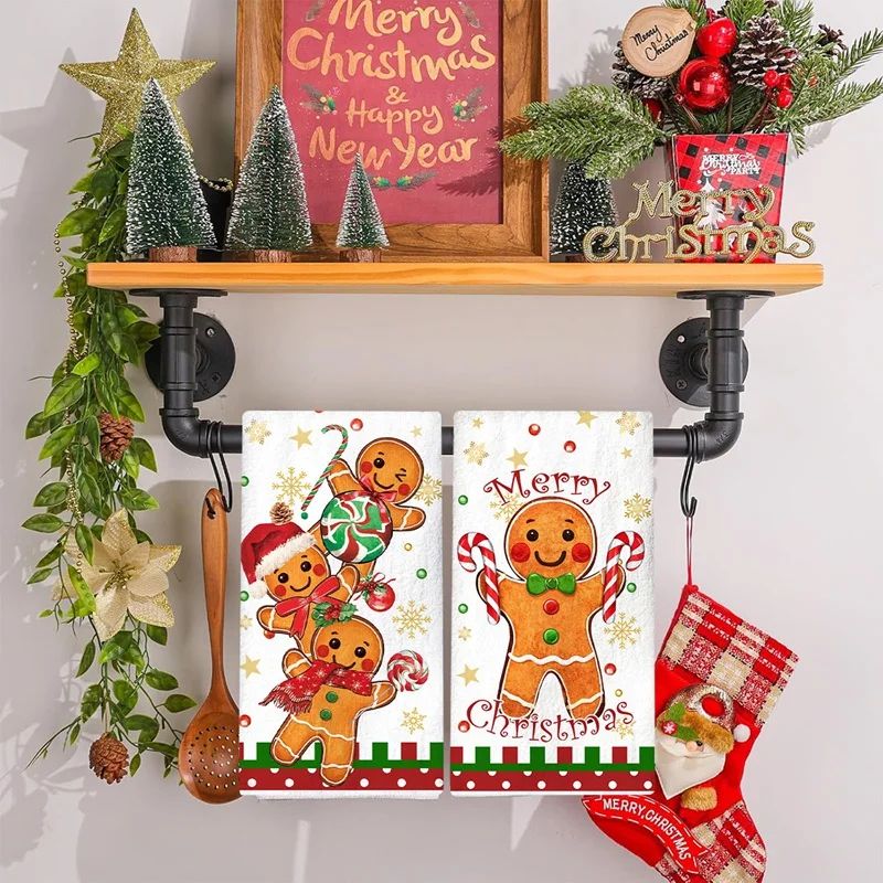 2PCS Gingerbread Christmas Kitchen Towels Set Festive Holiday Dish Cloth Decor 3