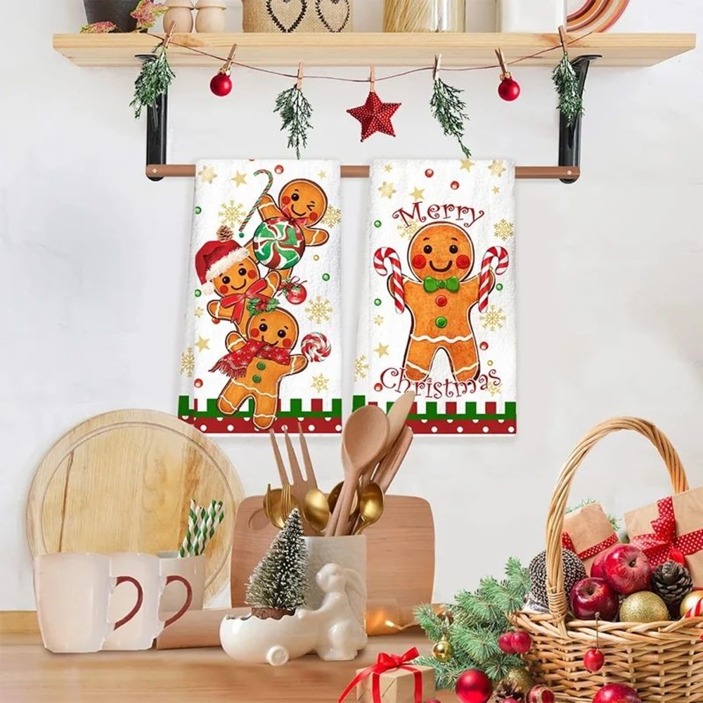 2PCS Gingerbread Christmas Kitchen Towels Set Festive Holiday Dish Cloth Decor 4