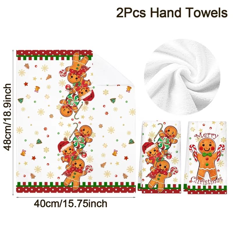 2PCS Gingerbread Christmas Kitchen Towels Set Festive Holiday Dish Cloth Decor 6