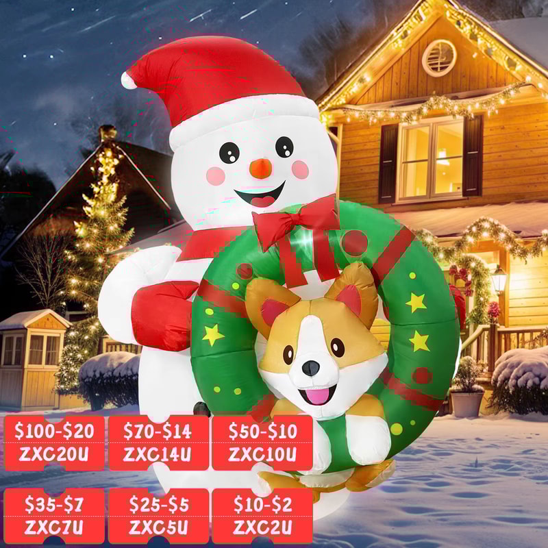 72in Christmas Inflatable Snowman With Corgi Wreath LED Outdoor Holiday Yard Decoration 0