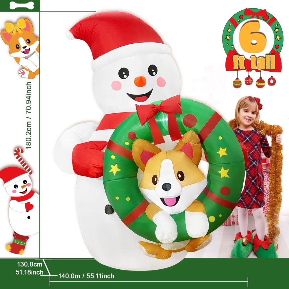 72in Christmas Inflatable Snowman With Corgi Wreath LED Outdoor Holiday Yard Decoration 2