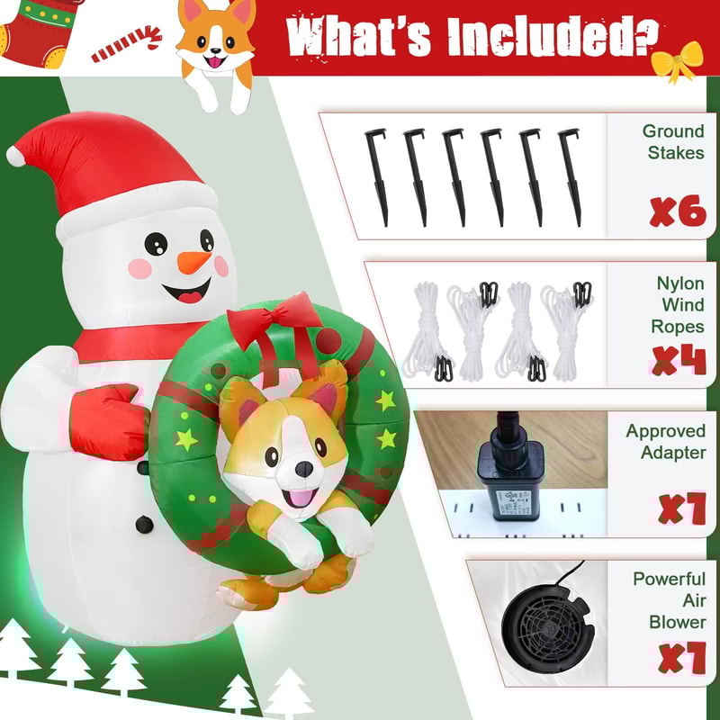 72in Christmas Inflatable Snowman With Corgi Wreath LED Outdoor Holiday Yard Decoration 3