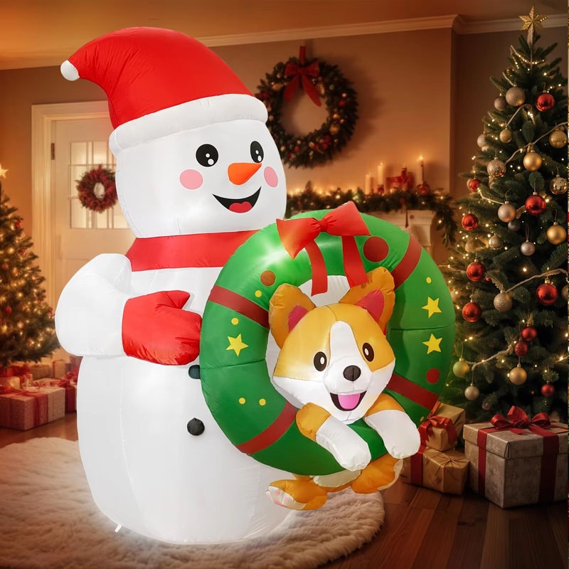 72in Christmas Inflatable Snowman With Corgi Wreath LED Outdoor Holiday Yard Decoration 4