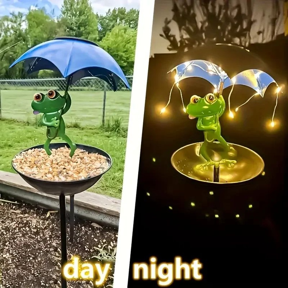 Solar Frog Statue Garden Bird Feeder With Pathway Light 1
