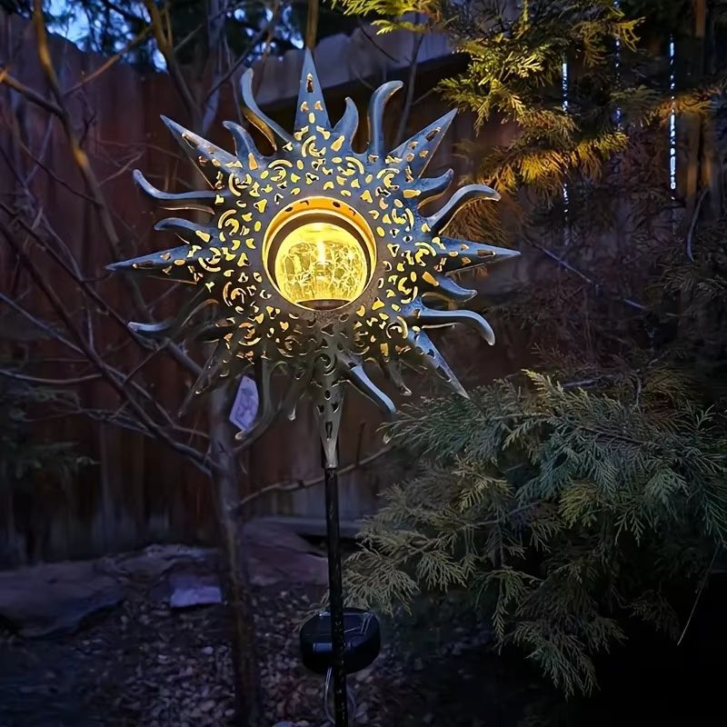 Solar Sun Garden Statue Light With Cracked Glass LED Globe IP65 Waterproof Decor 0