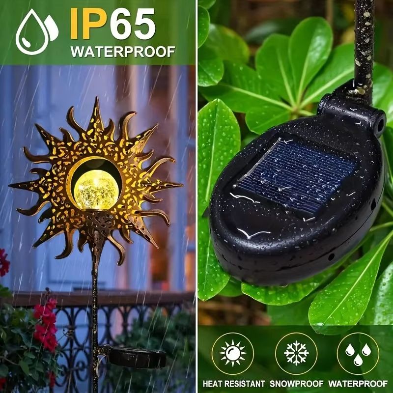 Solar Sun Garden Statue Light With Cracked Glass LED Globe IP65 Waterproof Decor 2