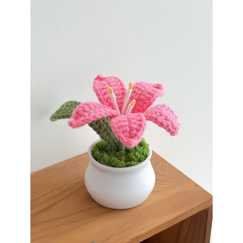 Handmade Crochet Lily Flower Pot Mini Decorative Potted Bloom Gift For Home And Desk 0
