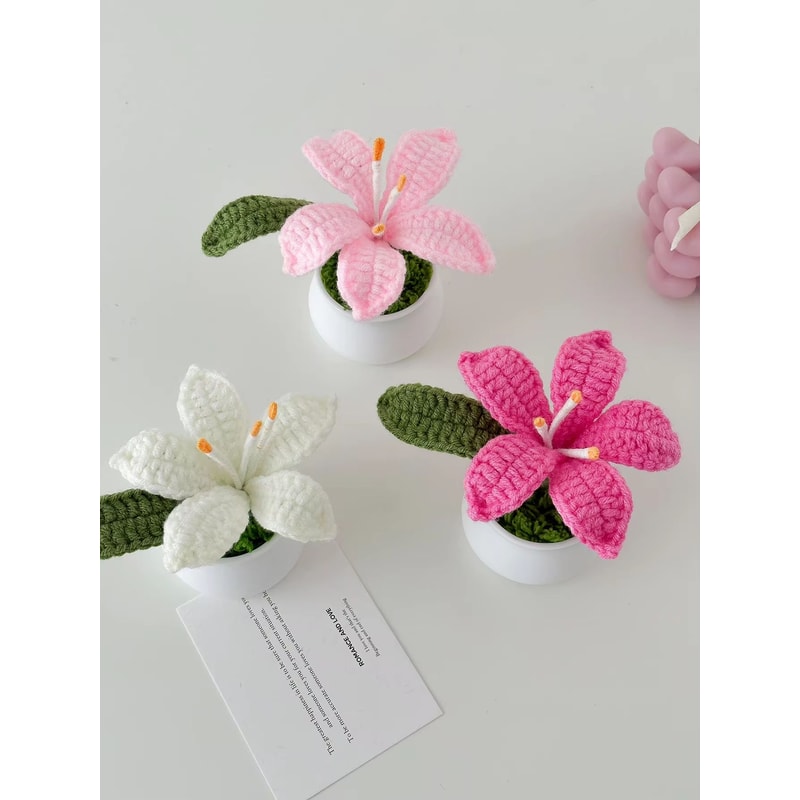 Handmade Crochet Lily Flower Pot Mini Decorative Potted Bloom Gift For Home And Desk 3