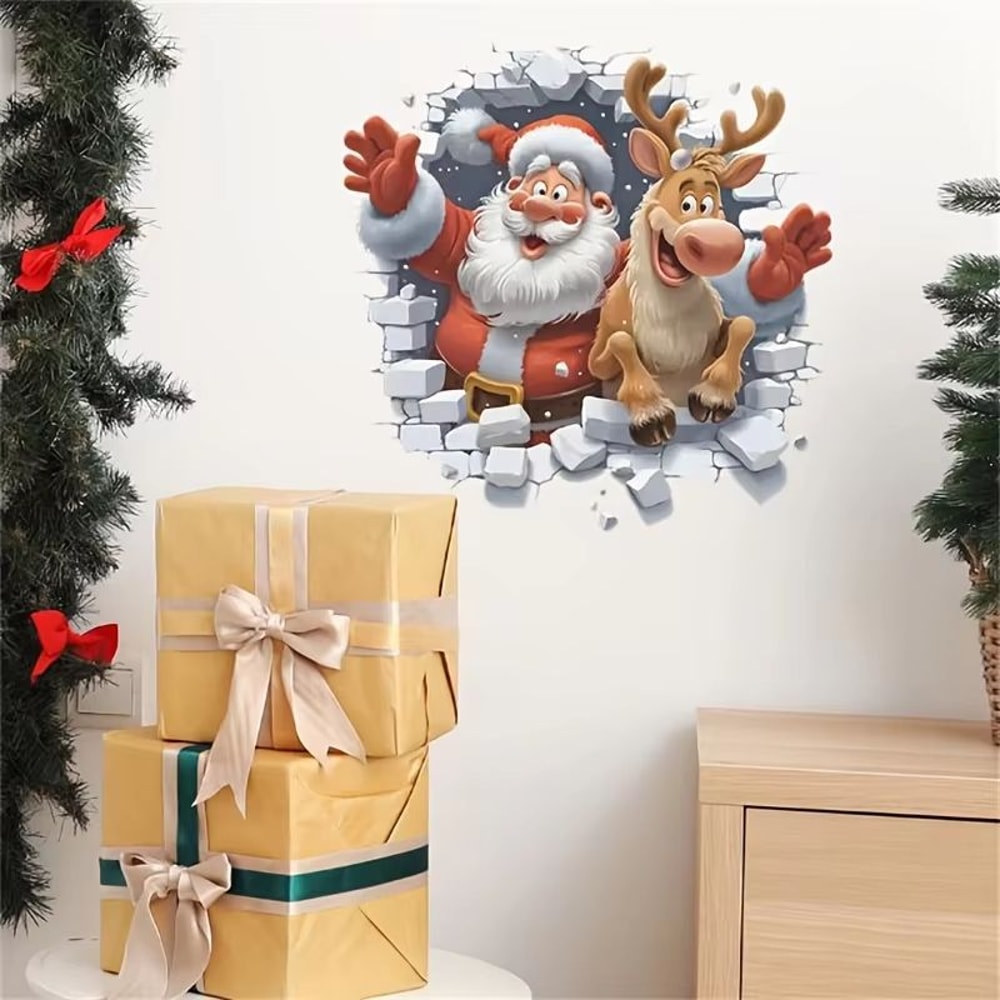 3D Santa Claus And Rudolf Christmas Wall Stickers Removable Self Adhesive Holiday Decor 3