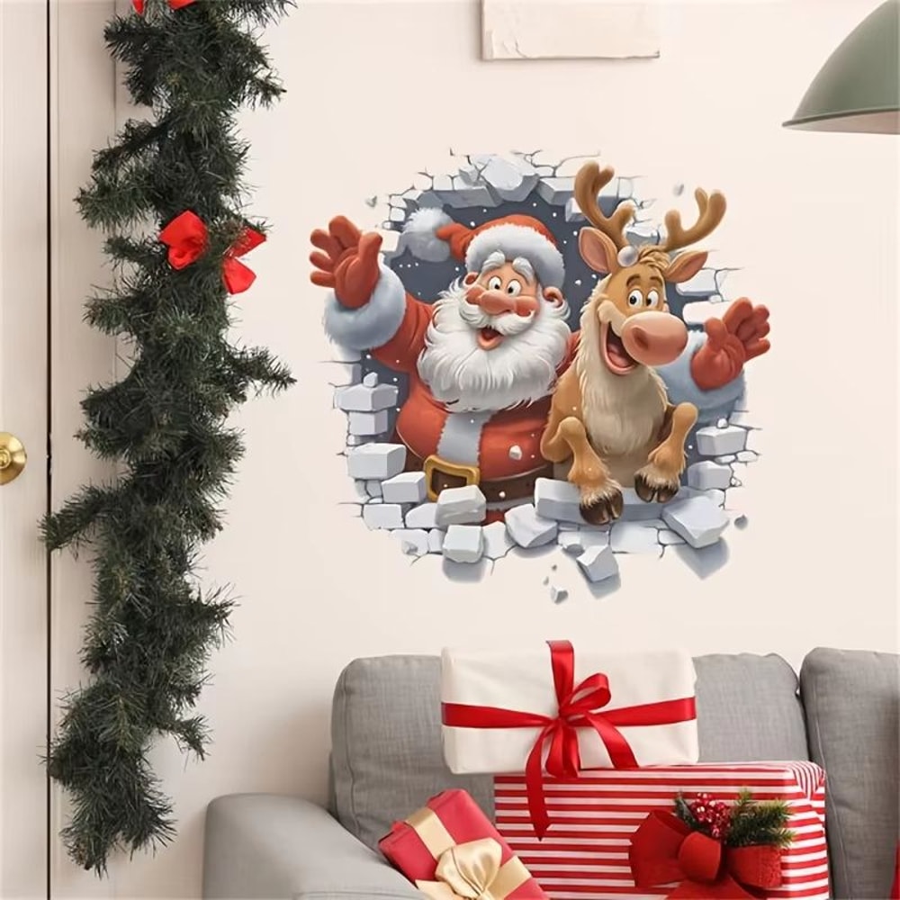 3D Santa Claus And Rudolf Christmas Wall Stickers Removable Self Adhesive Holiday Decor 4