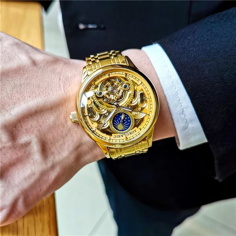Luxury Gold Skeleton Moon Phase Automatic Watch For Men With Luminous Hands 1