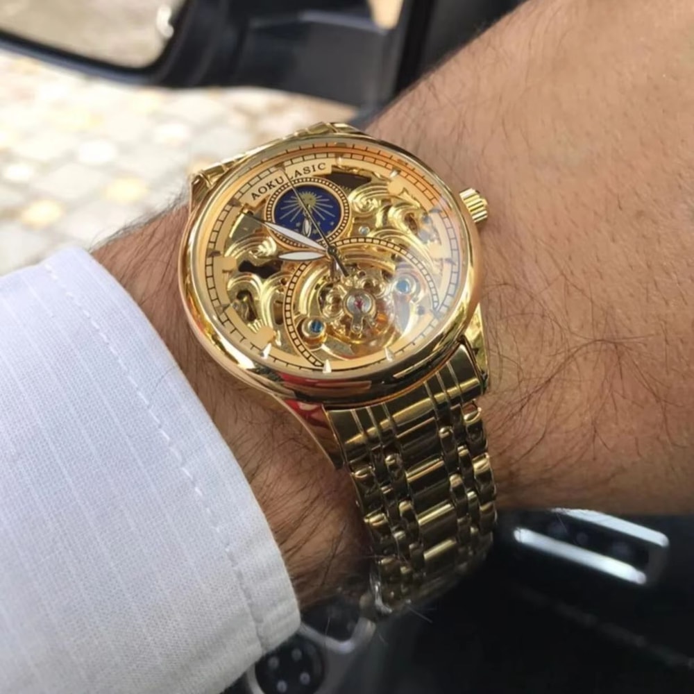 Luxury Gold Skeleton Moon Phase Automatic Watch For Men With Luminous Hands 3