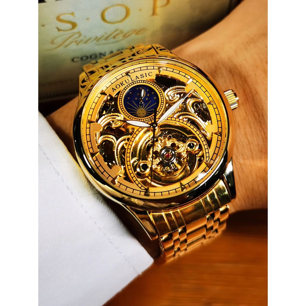 Luxury Gold Skeleton Moon Phase Automatic Watch For Men With Luminous Hands 4