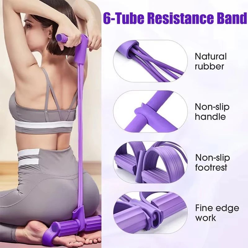 6 Tube Resistance Band Fitness System With Pedal Puller For Full Body Home Workout 0