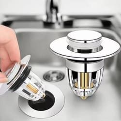 universal pop up sink drain stopper with hair catcher – chrome rebound filter plug for bathroom basin