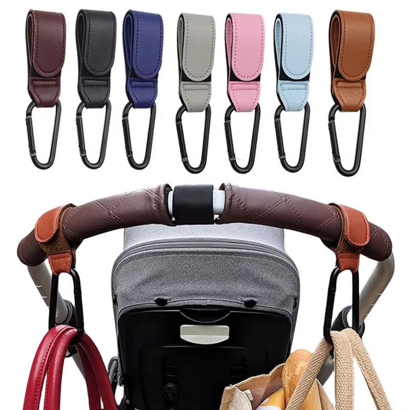 Adjustable Leather Stroller Hooks Set Universal Diaper Bag Holder For Pram Cart Travel 2pcs 0