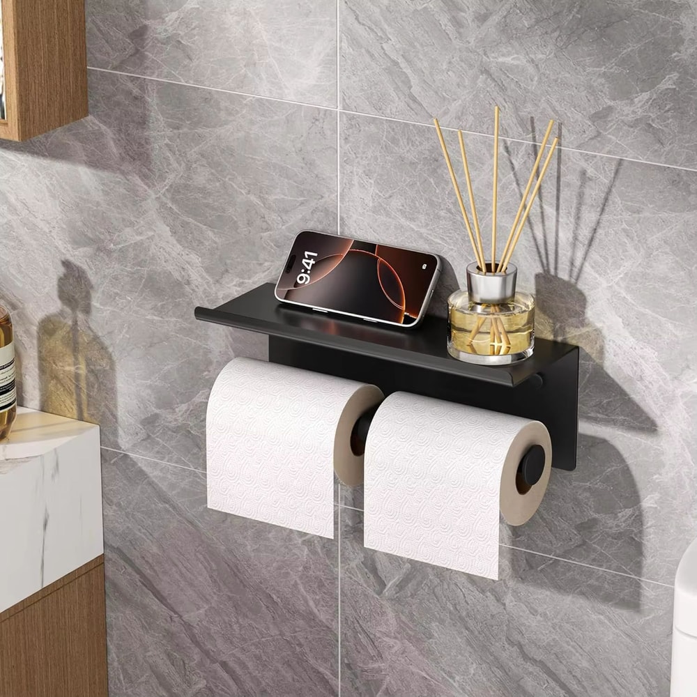 Stainless Steel Double Toilet Paper Holder With Shelf And WallMount Storage 6