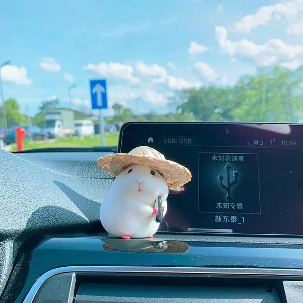 Cute Hamster Car Dashboard Ornament Straw Hat Mini Interior Decoration 2