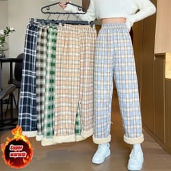 women's plush wide leg plaid pants warm cashmere style loose winter trousers