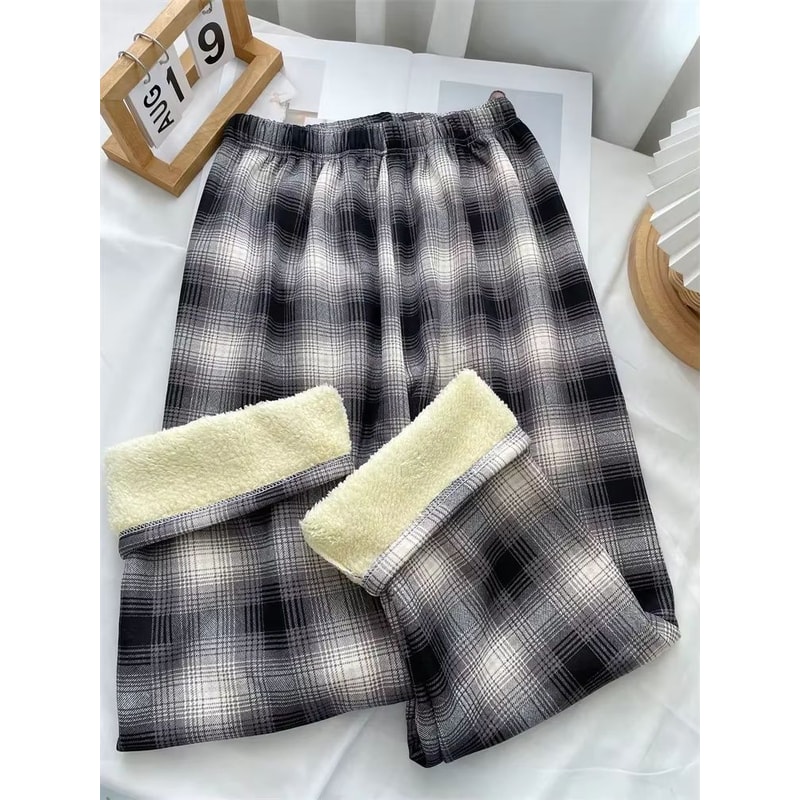 Womens Plush Wide Leg Plaid Pants Warm Cashmere Style Loose Winter Trousers 15