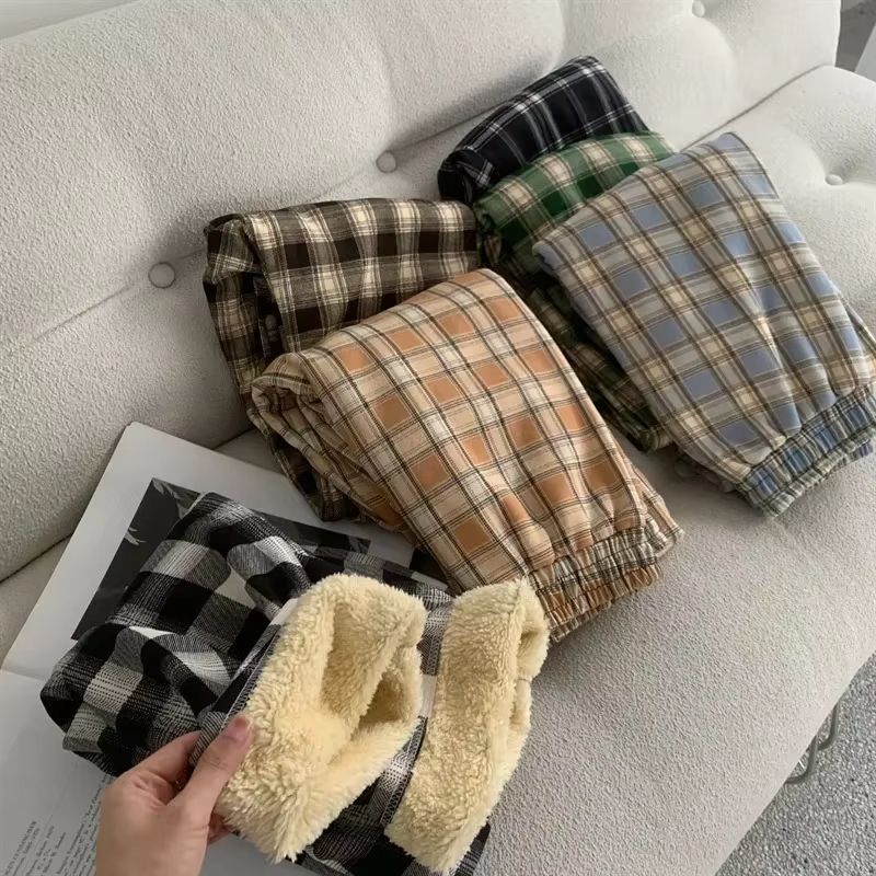 Womens Plush Wide Leg Plaid Pants Warm Cashmere Style Loose Winter Trousers 2