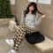 Womens Plush Wide Leg Plaid Pants Warm Cashmere Style Loose Winter Trousers 4