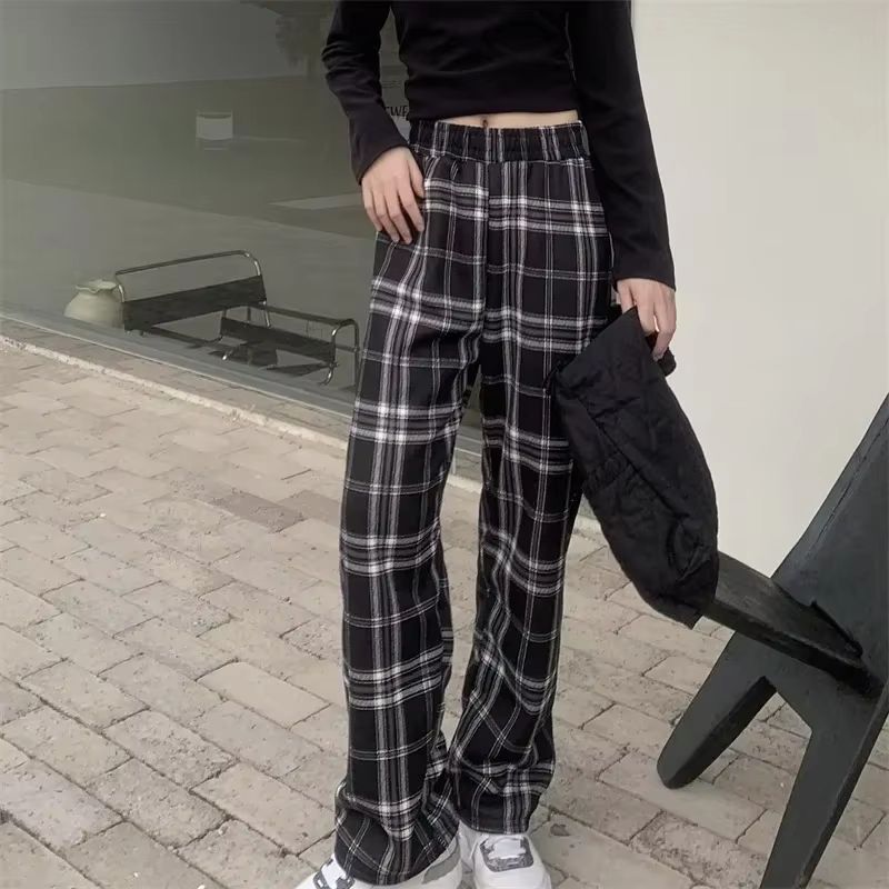 Womens Plush Wide Leg Plaid Pants Warm Cashmere Style Loose Winter Trousers 7