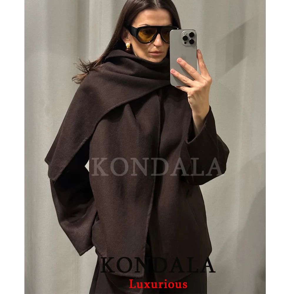 Chocolate Brown Scarf Jacket For Women Loose Fit Thick Warm Winter Coat 2