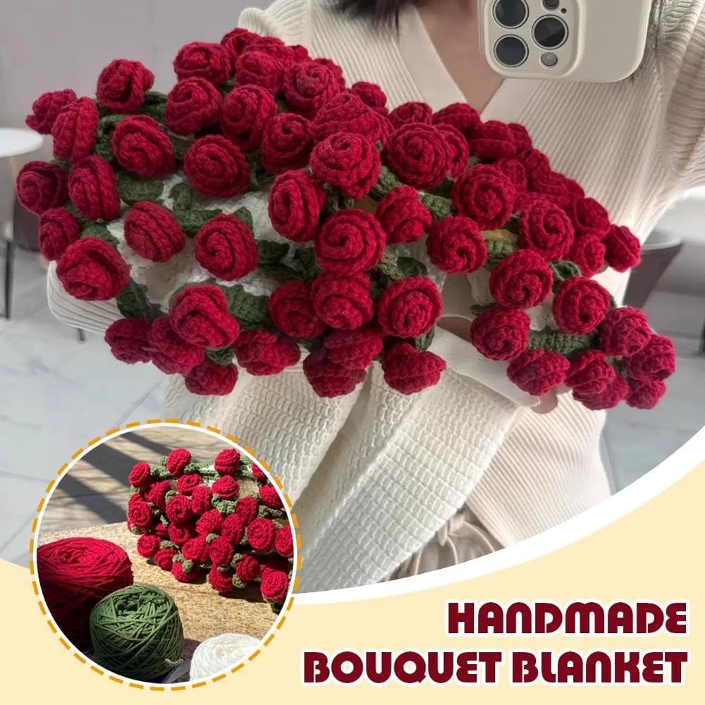 Handmade Crochet Rose Blanket Bouquet Gift Set With Gift Bag For Valentine And Birthday Surprise 3