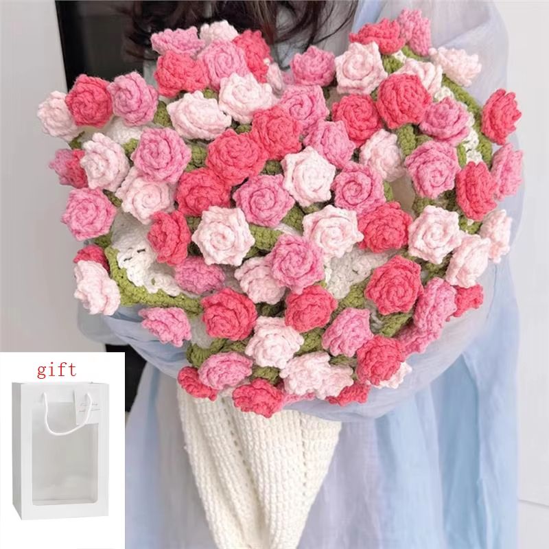 Handmade Crochet Rose Blanket Bouquet Gift Set With Gift Bag For Valentine And Birthday Surprise 10