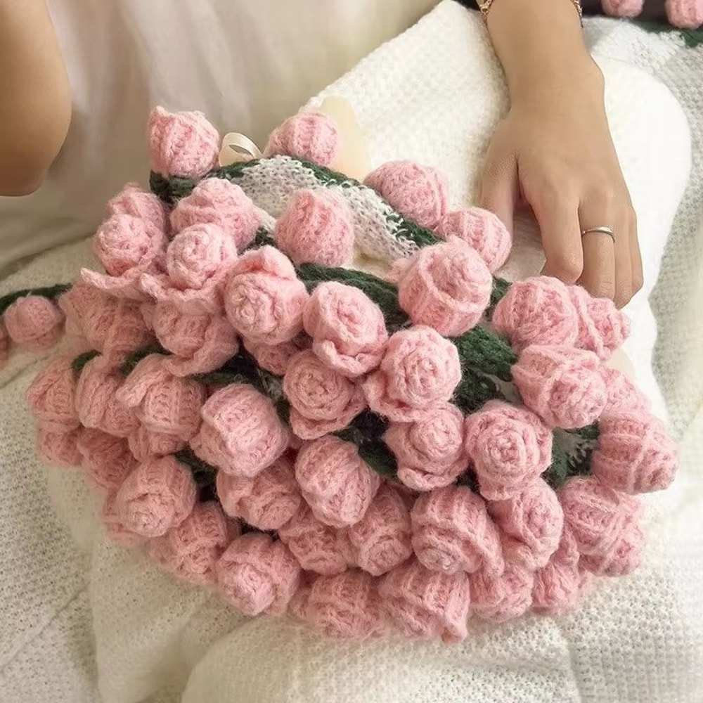 Handmade Crochet Rose Blanket Bouquet Gift Set With Gift Bag For Valentine And Birthday Surprise 11