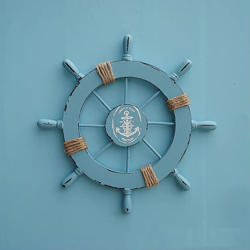 Vintage Mediterranean Wooden Ship Wheel Nautical Helm Wall Decor 7