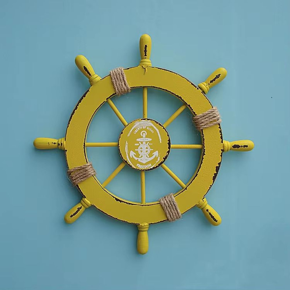 Vintage Mediterranean Wooden Ship Wheel Nautical Helm Wall Decor 8