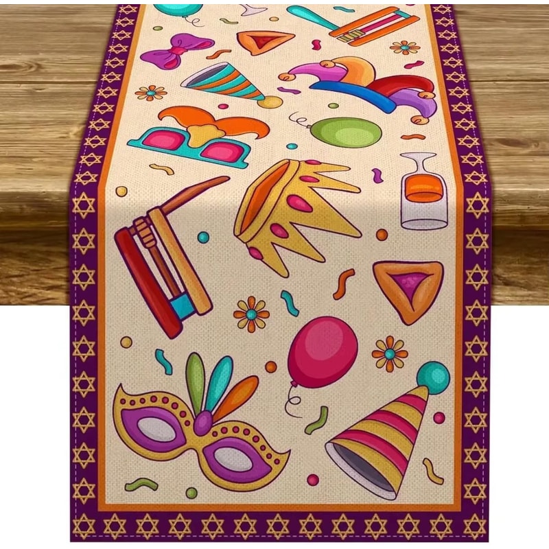 Happy Purim Carnival Table Runner With Masquerade Design For Festive Dining Decor 5