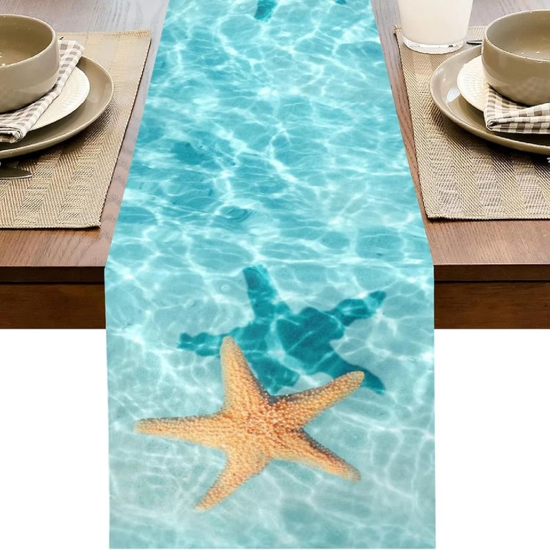 Watercolor Starfish Ocean Table Runner Linen Coastal Dining Decor 0