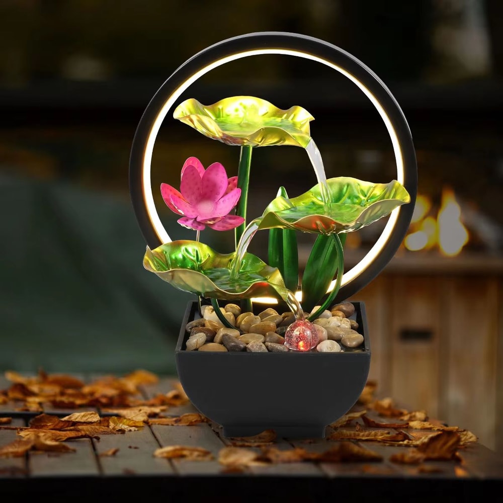 USB Tabletop Water Fountain With LED Lights And Natural Rocks Zen Desktop Decor 3