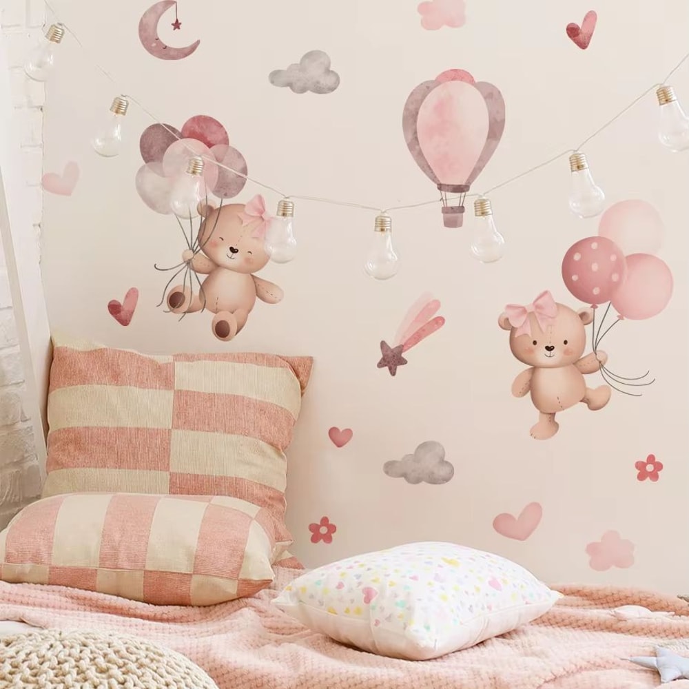 Pink Cartoon Bear Balloon Wall Stickers For Kids Nursery Room Decor 1