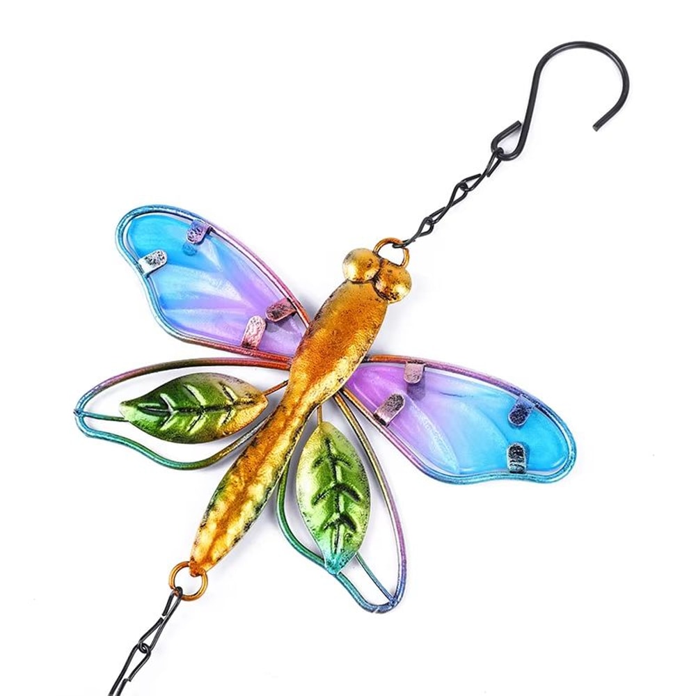 Hummingbird Dragonfly Wind Chime With Painted Glass Metal Art For Garden Decor 3
