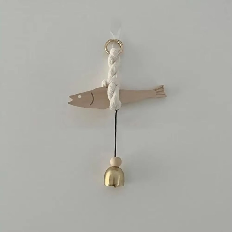 Lightweight Wooden Fish Hanging Ornament With Bell Coastal Wall Decor 5