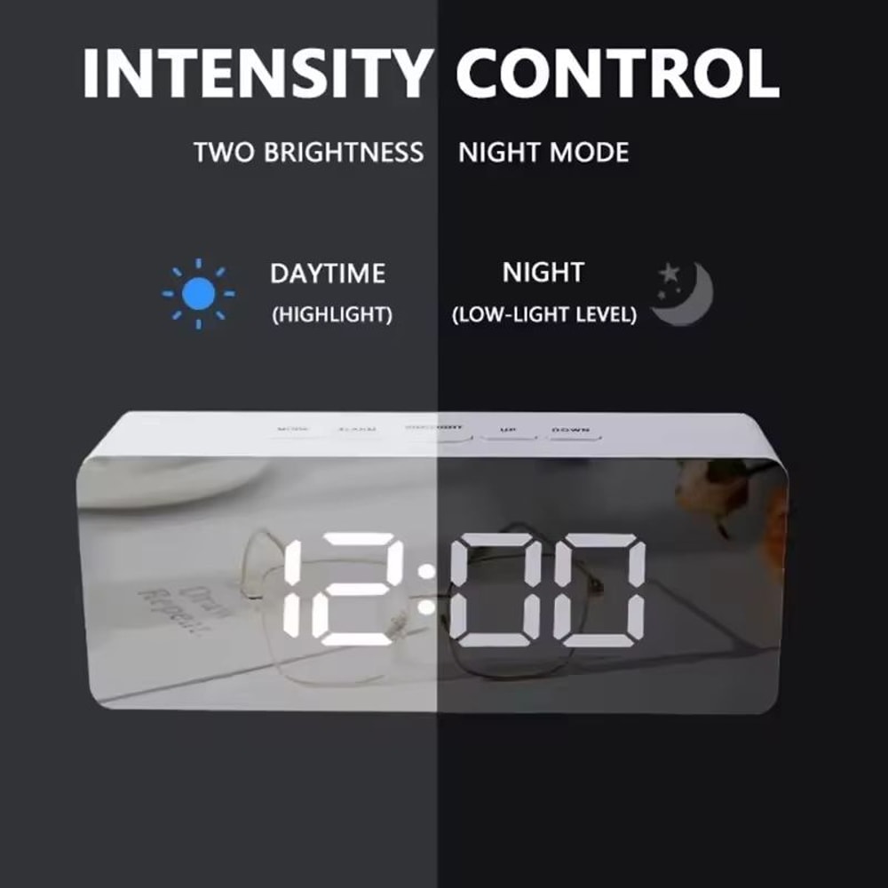 Modern White LED Mirror Digital Alarm Clock With Snooze And Night Light 4