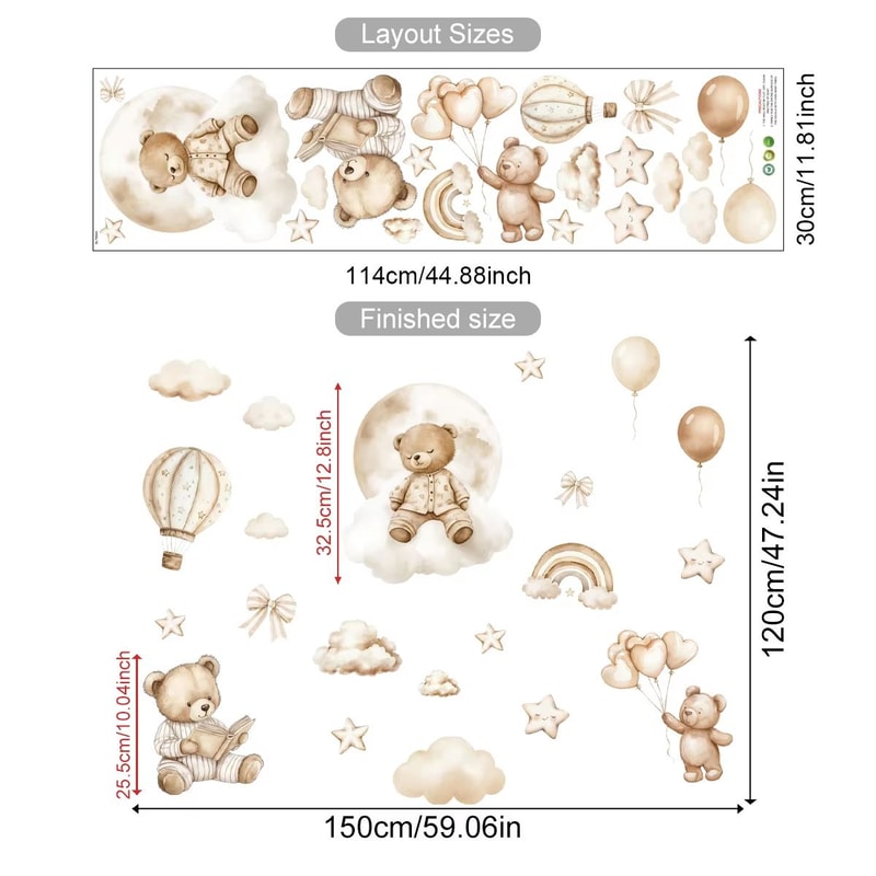 Boho Teddy Bear Nursery Wall Sticker Watercolor Sleeping Bear Vinyl Decor 6