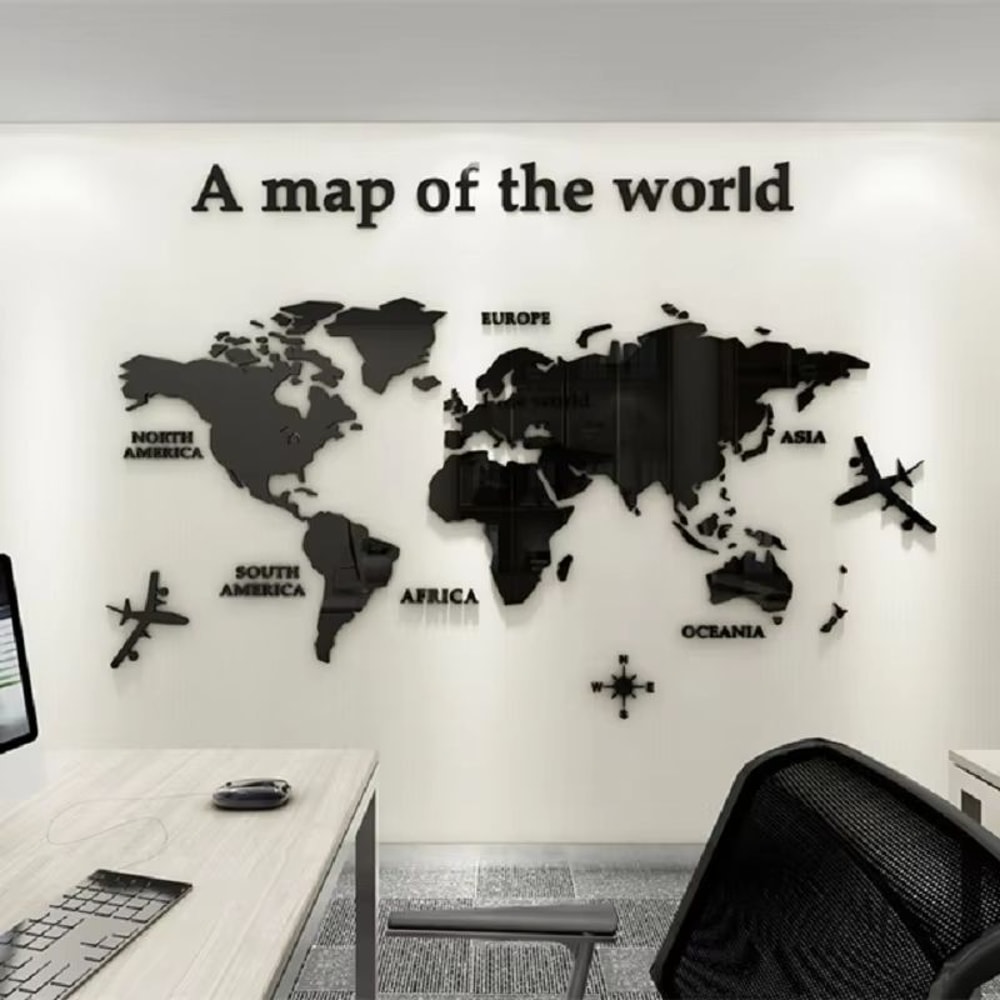3D Acrylic World Map Wall Sticker Crystal Mirror Travel Decor 0