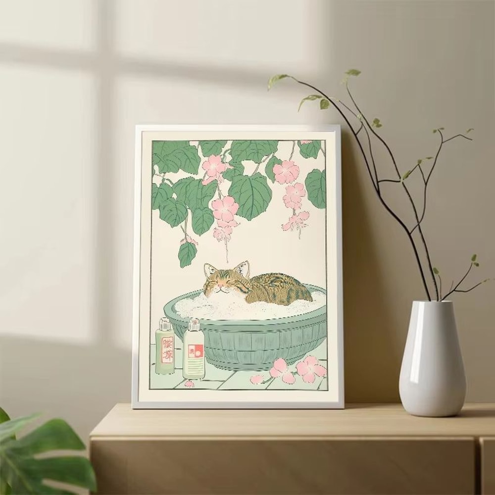Japandi Cat Bathtub Canvas Wall Art Retro Japanese Aesthetic Poster 2