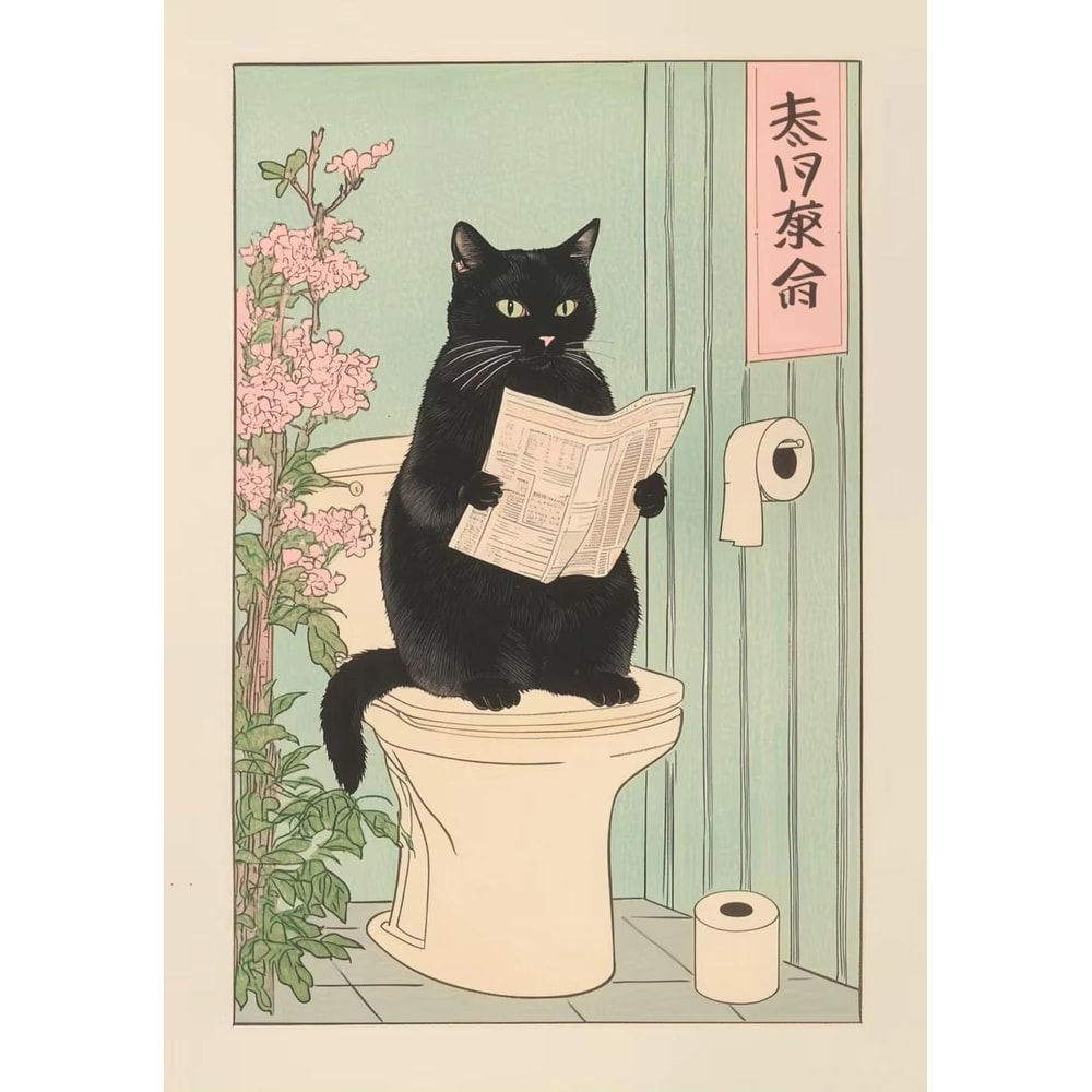 Japandi Cat Bathtub Canvas Wall Art Retro Japanese Aesthetic Poster 6