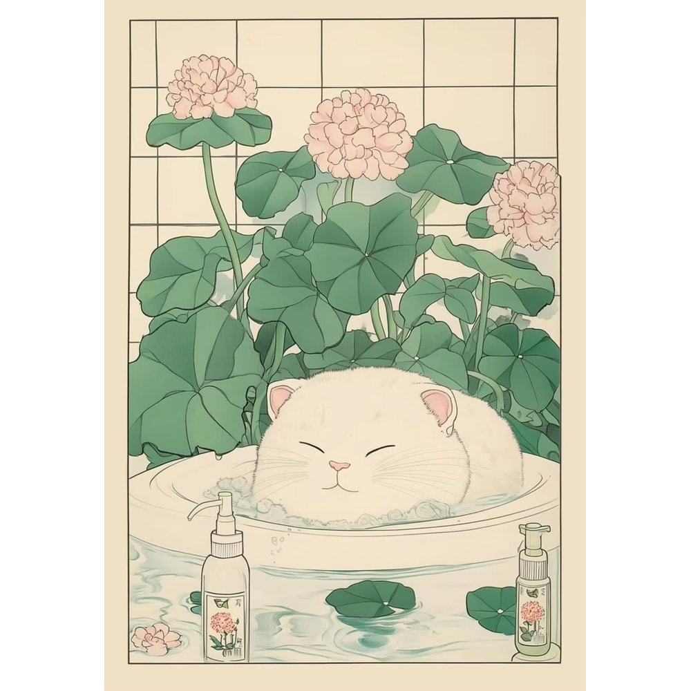 Japandi Cat Bathtub Canvas Wall Art Retro Japanese Aesthetic Poster 12