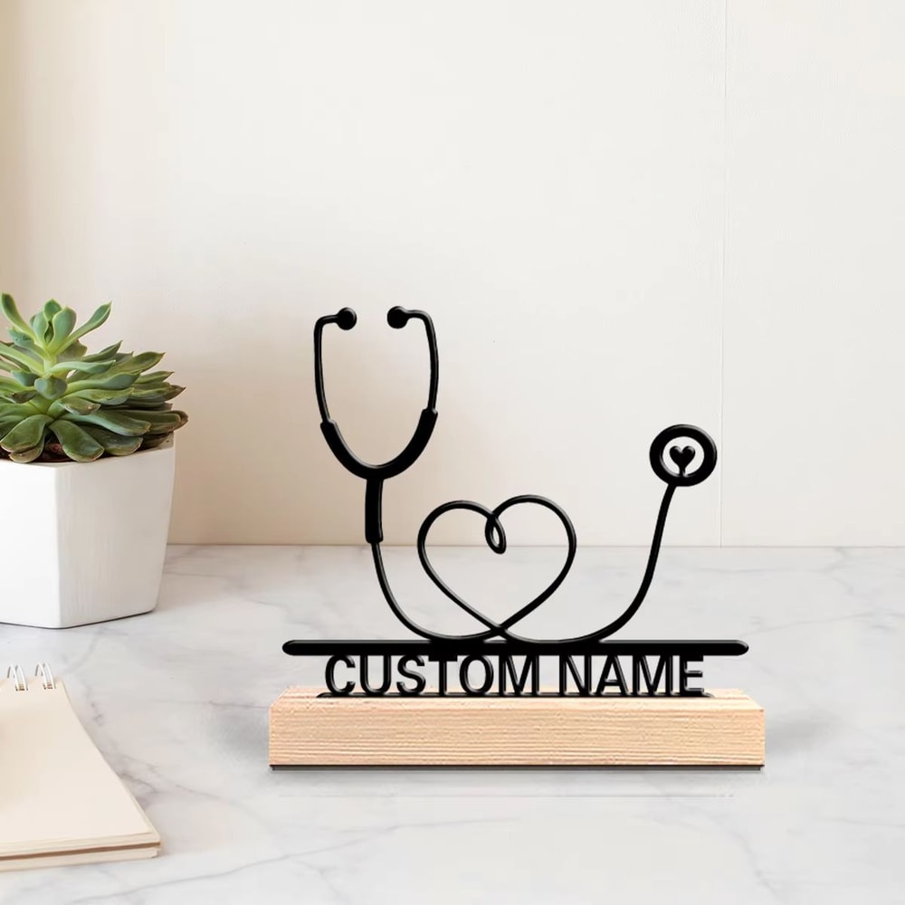 Personalized Stethoscope Metal Art Statue On Wooden Base For Doctor Desk Decoration 0