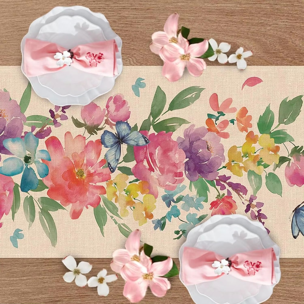Spring Watercolor Butterfly Linen Table Runner Floral Dining Table Decor For Kitchen And Wedding 1