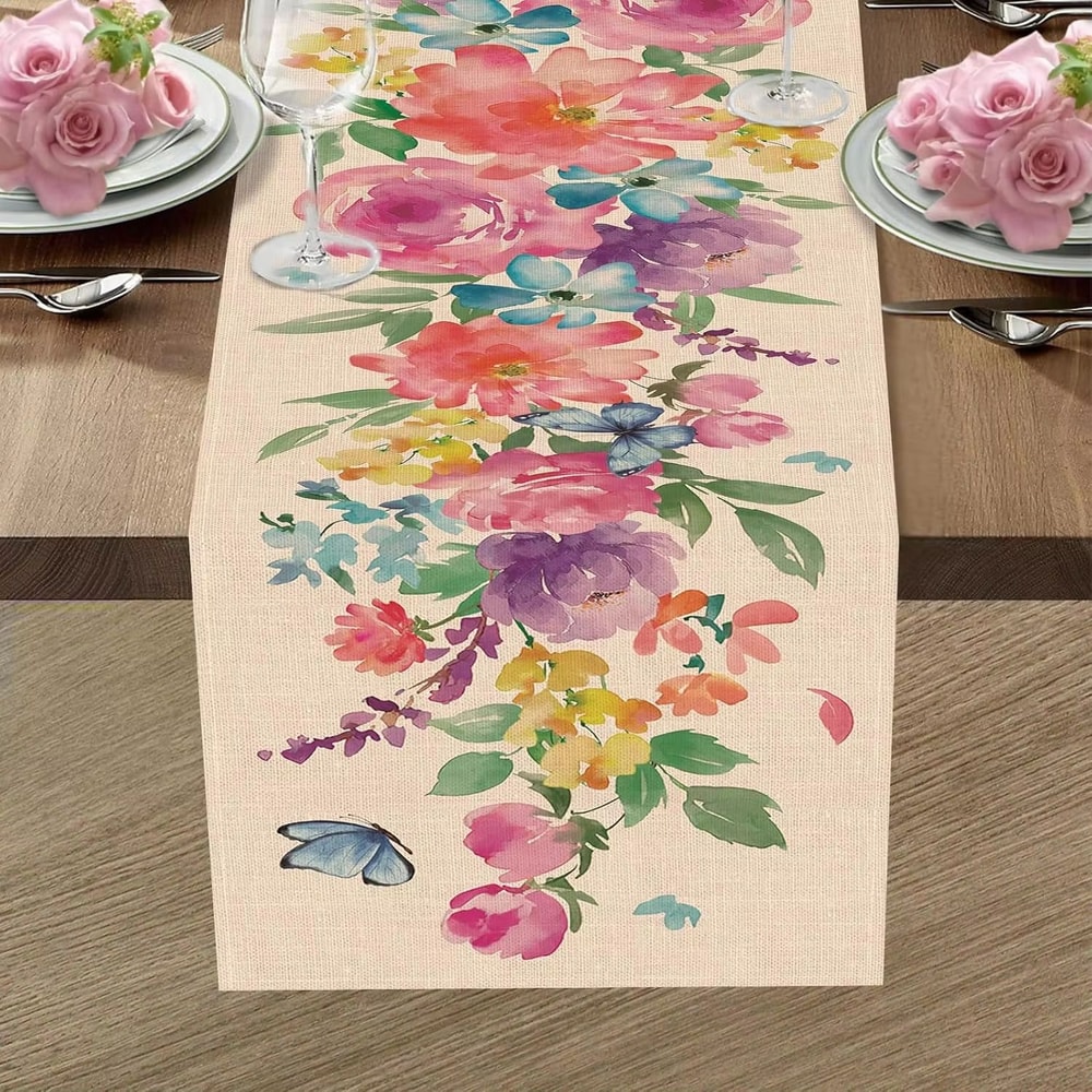 Spring Watercolor Butterfly Linen Table Runner Floral Dining Table Decor For Kitchen And Wedding 2
